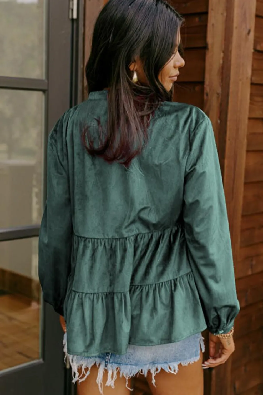 Outlet Dear-Lover Corduroy Ruffle Tiered Buttoned O Neck Shirt Skobeloff