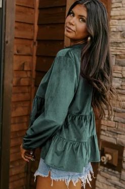 Outlet Dear-Lover Corduroy Ruffle Tiered Buttoned O Neck Shirt Skobeloff