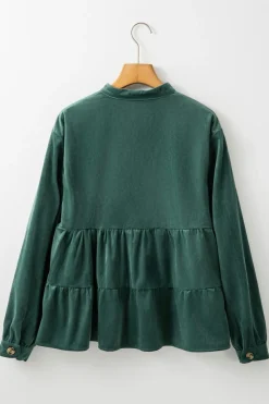 Outlet Dear-Lover Corduroy Ruffle Tiered Buttoned O Neck Shirt Skobeloff