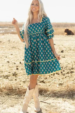 Clearance Dear-Lover Floral Contrast Trim Square Neck Puff Sleeve Dress Skobeloff