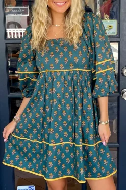 Clearance Dear-Lover Floral Contrast Trim Square Neck Puff Sleeve Dress Skobeloff