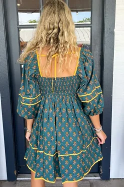 Clearance Dear-Lover Floral Contrast Trim Square Neck Puff Sleeve Dress Skobeloff