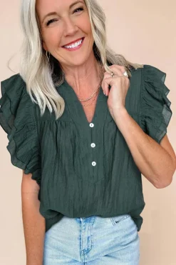 Online Dear-Lover Frilled V Neck Ruffled Cap Sleeve Blouse Skobeloff