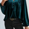 Fashion Dear-Lover Lantern Sleeve Beaded Split V Neck Velvet Top Skobeloff