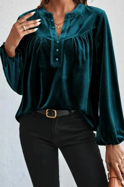 Fashion Dear-Lover Lantern Sleeve Beaded Split V Neck Velvet Top Skobeloff