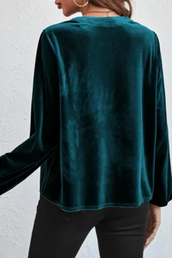 Fashion Dear-Lover Lantern Sleeve Beaded Split V Neck Velvet Top Skobeloff