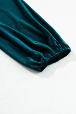 Fashion Dear-Lover Lantern Sleeve Beaded Split V Neck Velvet Top Skobeloff