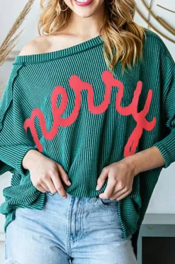 Best Dear-Lover Merry Graphic Corded Batwing Sleeve Knit Top Skobeloff