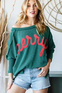 Best Dear-Lover Merry Graphic Corded Batwing Sleeve Knit Top Skobeloff
