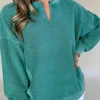 Sale Dear-Lover Solid Color Notched Neck Drop Shoulder Sweatshirt Skobeloff