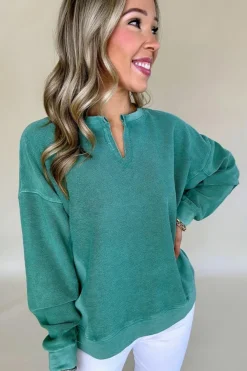 Sale Dear-Lover Solid Color Notched Neck Drop Shoulder Sweatshirt Skobeloff