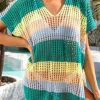 Discount Dear-Lover Striped Hollow Out Knit V Neck Tunic Cover Up Skobeloff