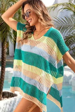 Discount Dear-Lover Striped Hollow Out Knit V Neck Tunic Cover Up Skobeloff