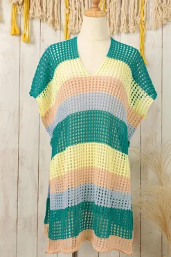 Discount Dear-Lover Striped Hollow Out Knit V Neck Tunic Cover Up Skobeloff