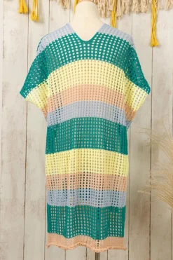 Discount Dear-Lover Striped Hollow Out Knit V Neck Tunic Cover Up Skobeloff