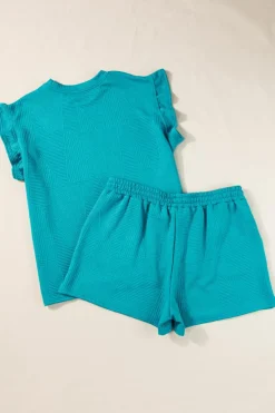 Fashion Dear-Lover Textured Ruffle Split Top and Drawstring Shorts Skobeloff