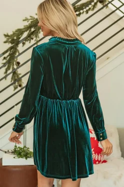 Fashion Dear-Lover Velvet Buttoned Front Ruffled Mini Dress Skobeloff