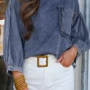 Sale Dear-Lover 3/4 Sleeve Ruffled Patched Pocket Denim Blouse Sky Blue