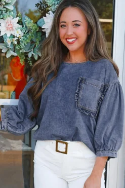 Sale Dear-Lover 3/4 Sleeve Ruffled Patched Pocket Denim Blouse Sky Blue