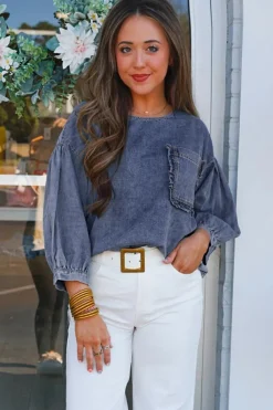 Sale Dear-Lover 3/4 Sleeve Ruffled Patched Pocket Denim Blouse Sky Blue