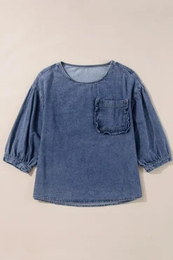 Sale Dear-Lover 3/4 Sleeve Ruffled Patched Pocket Denim Blouse Sky Blue