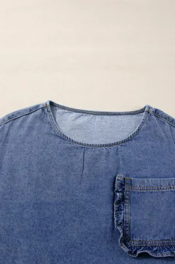 Sale Dear-Lover 3/4 Sleeve Ruffled Patched Pocket Denim Blouse Sky Blue