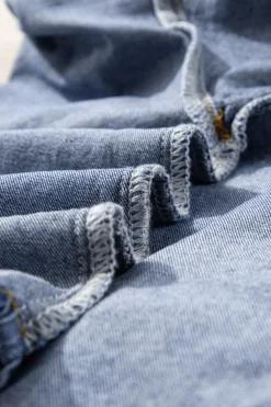 Sale Dear-Lover 3/4 Sleeve Ruffled Patched Pocket Denim Blouse Sky Blue