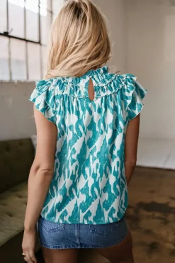 Outlet Dear-Lover Abstract Print Frilled Crewneck Loose Fit Blouse Sky Blue