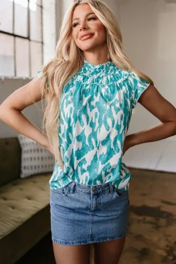 Outlet Dear-Lover Abstract Print Frilled Crewneck Loose Fit Blouse Sky Blue