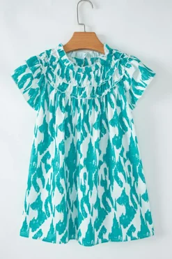 Outlet Dear-Lover Abstract Print Frilled Crewneck Loose Fit Blouse Sky Blue