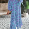 Sale Dear-Lover Abstract Print Puff Sleeve Tied Notched Neck Long Dress Sky Blue