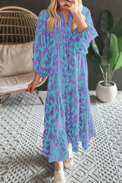 Sale Dear-Lover Abstract Print Puff Sleeve Tied Notched Neck Long Dress Sky Blue