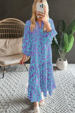 Sale Dear-Lover Abstract Print Puff Sleeve Tied Notched Neck Long Dress Sky Blue
