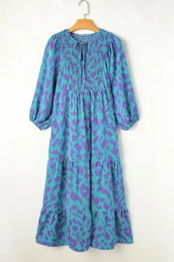 Sale Dear-Lover Abstract Print Puff Sleeve Tied Notched Neck Long Dress Sky Blue