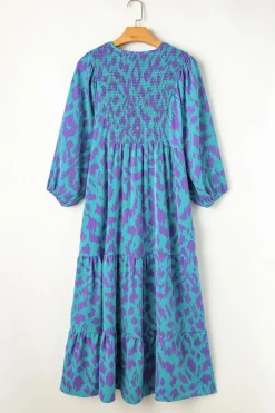 Sale Dear-Lover Abstract Print Puff Sleeve Tied Notched Neck Long Dress Sky Blue