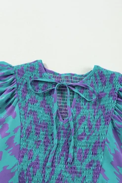 Sale Dear-Lover Abstract Print Puff Sleeve Tied Notched Neck Long Dress Sky Blue