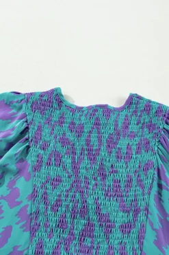 Sale Dear-Lover Abstract Print Puff Sleeve Tied Notched Neck Long Dress Sky Blue