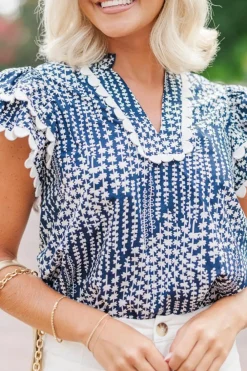 Best Dear-Lover Abstract Print Ric Rac Trim Flutter Sleeve Notch V Neck Blouse Sky Blue