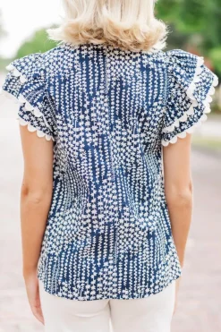 Best Dear-Lover Abstract Print Ric Rac Trim Flutter Sleeve Notch V Neck Blouse Sky Blue