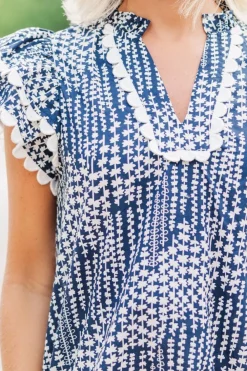 Best Dear-Lover Abstract Print Ric Rac Trim Flutter Sleeve Notch V Neck Blouse Sky Blue