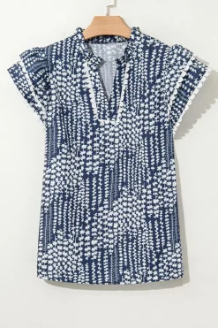 Best Dear-Lover Abstract Print Ric Rac Trim Flutter Sleeve Notch V Neck Blouse Sky Blue