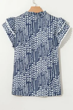 Best Dear-Lover Abstract Print Ric Rac Trim Flutter Sleeve Notch V Neck Blouse Sky Blue
