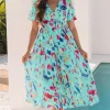 Sale Dear-Lover Abstract Print Short Puff Sleeve Tiered Maxi Dress Sky Blue