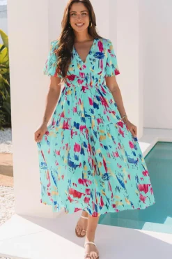Sale Dear-Lover Abstract Print Short Puff Sleeve Tiered Maxi Dress Sky Blue