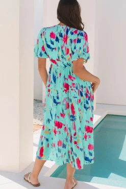 Sale Dear-Lover Abstract Print Short Puff Sleeve Tiered Maxi Dress Sky Blue