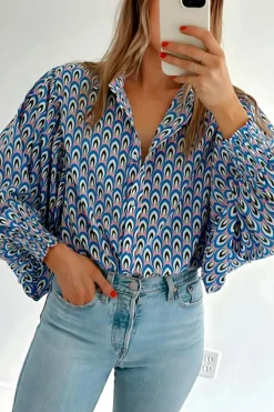 Online Dear-Lover Abstract Print Shirred Cuff Buttoned Oversized Shirt Sky Blue