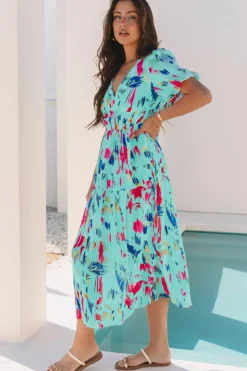 Sale Dear-Lover Abstract Print Short Puff Sleeve Tiered Maxi Dress Sky Blue