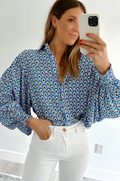 Online Dear-Lover Abstract Print Shirred Cuff Buttoned Oversized Shirt Sky Blue