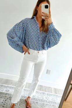 Online Dear-Lover Abstract Print Shirred Cuff Buttoned Oversized Shirt Sky Blue