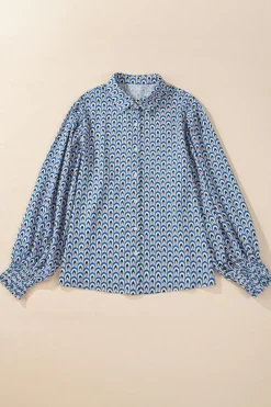 Online Dear-Lover Abstract Print Shirred Cuff Buttoned Oversized Shirt Sky Blue